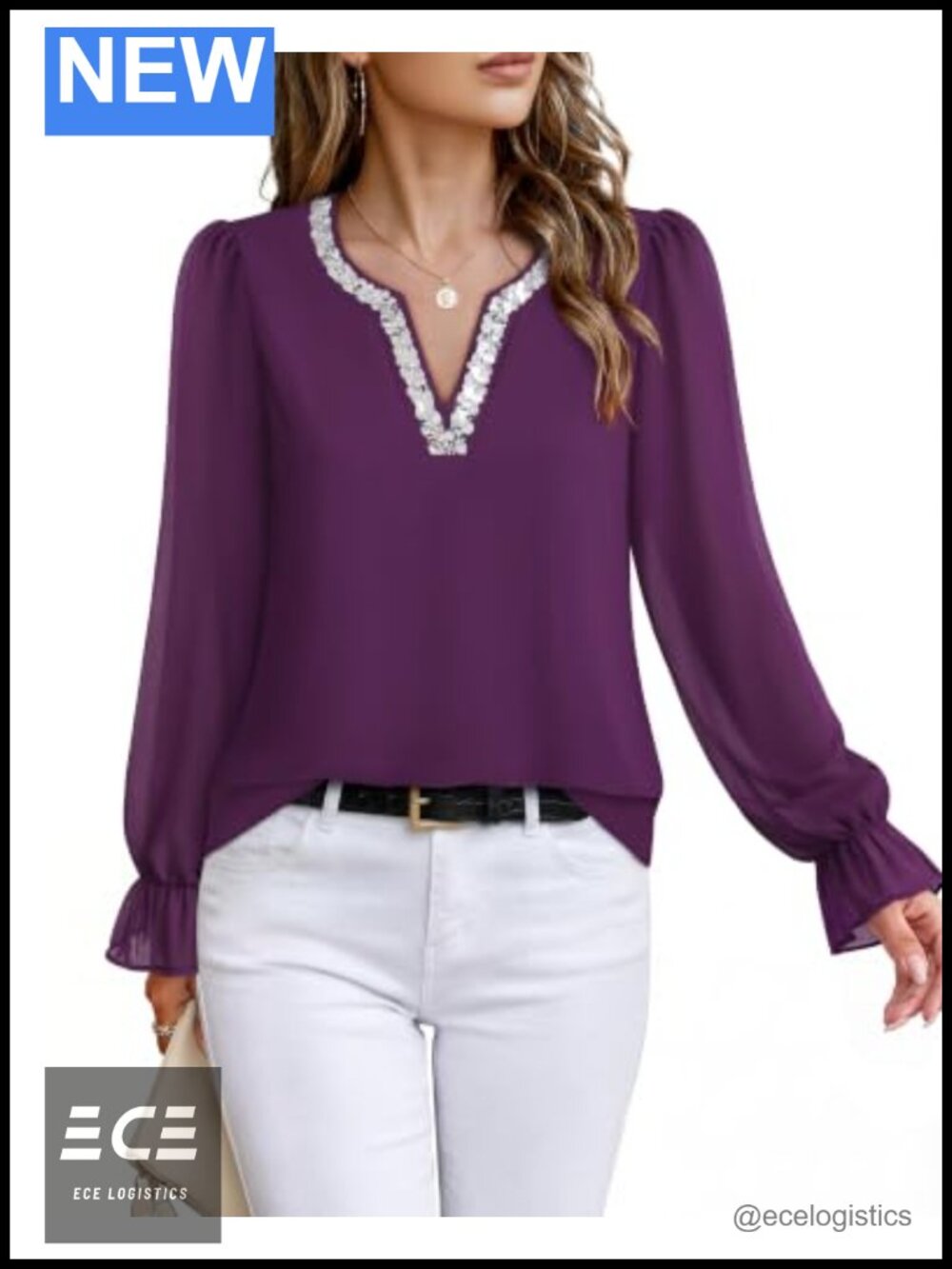 Long Sleeve Sequin V Neck Chiffon Blouse for Work
